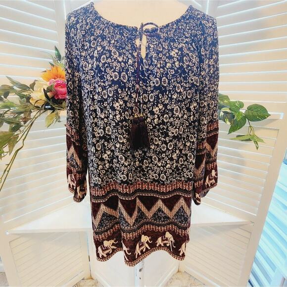 SKIES ARE BLUE BROWN/BLUE TUNIC WITH ELEPHANTS SIZE MED - Picture 1 of 7